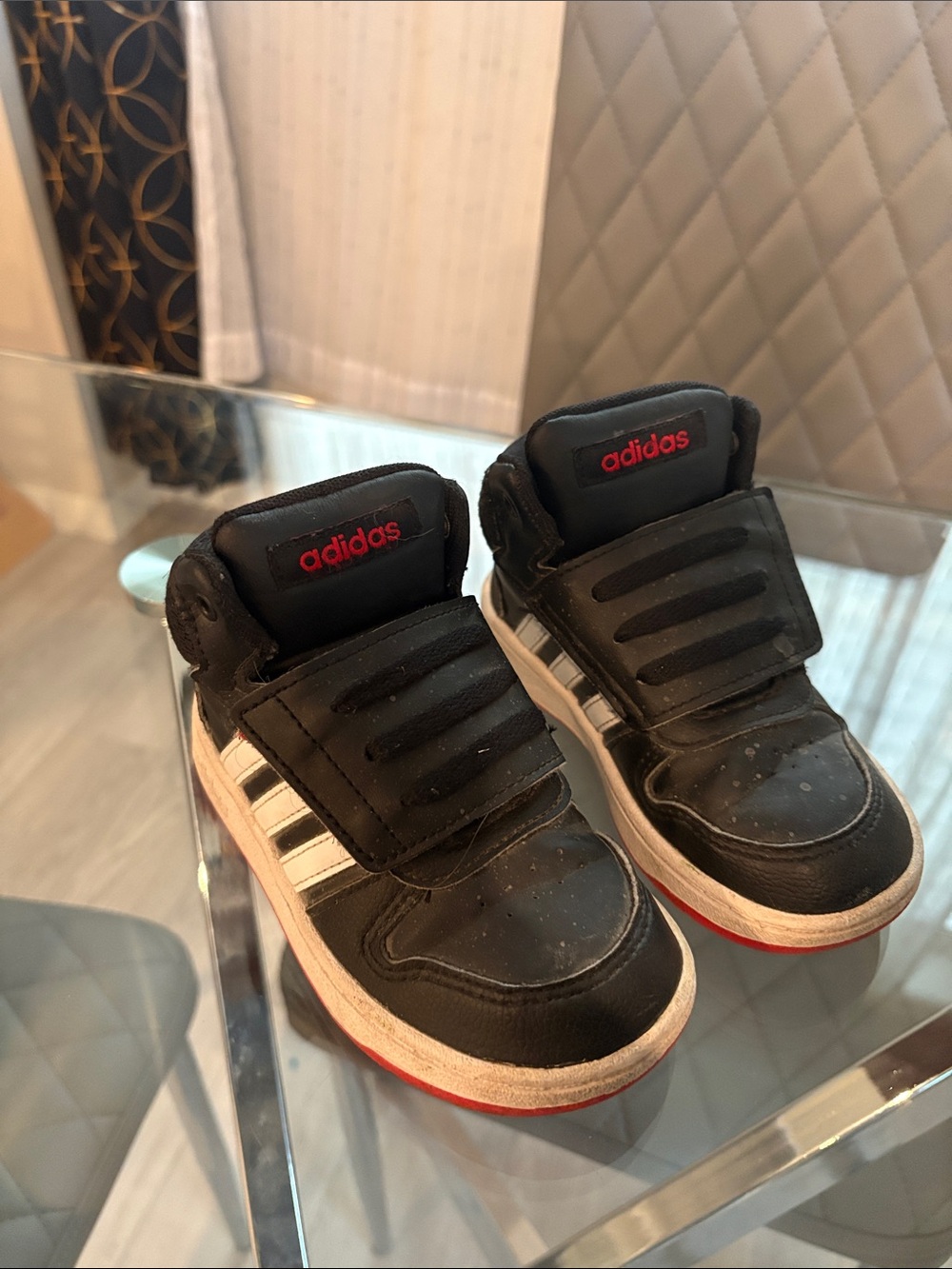adidas Kids Black High-Top Sneakers with White Stripes and Red Accents